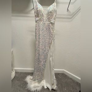 White sequin formal dress w/ slit going up the left thigh. Size M (runs small)